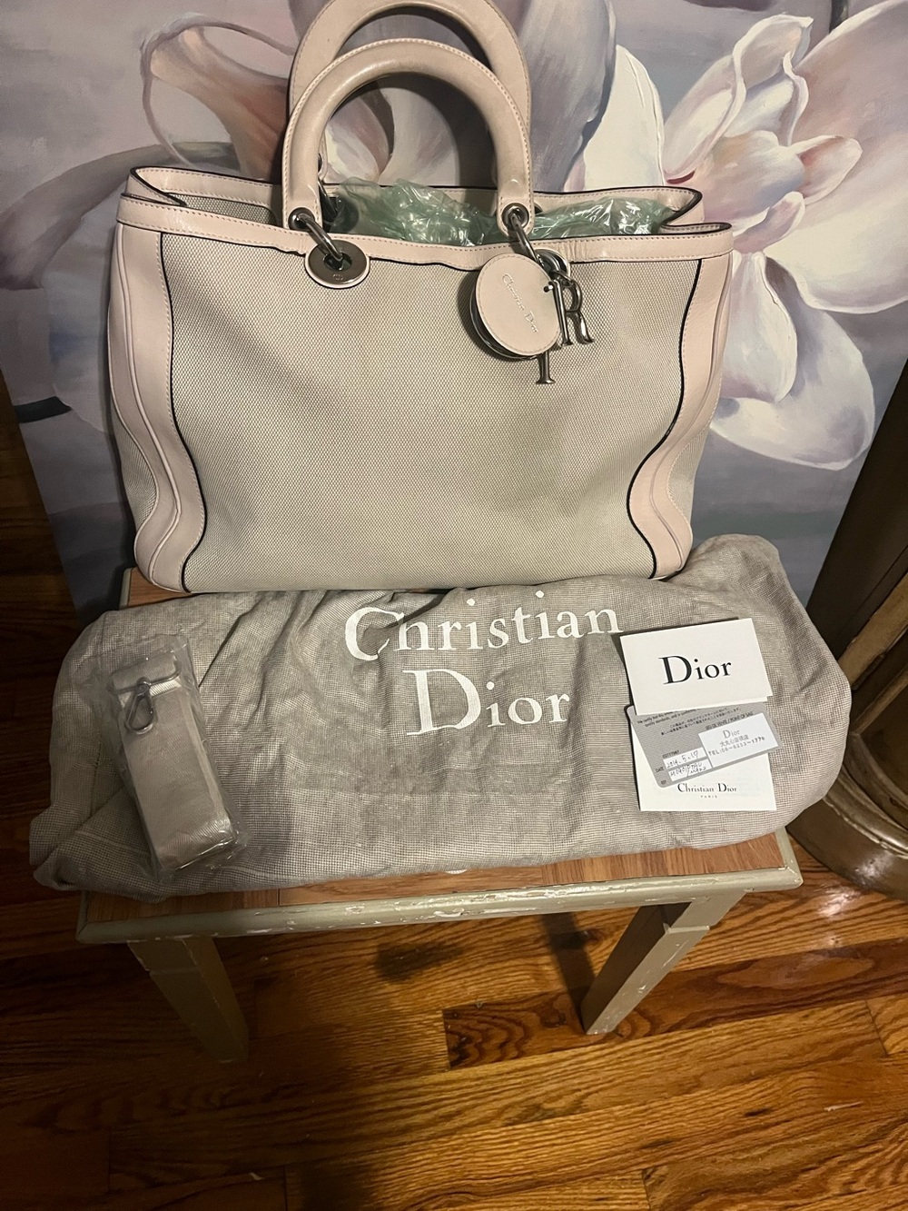 Dior Pink and Cream Canvas Tote with Leather Trim